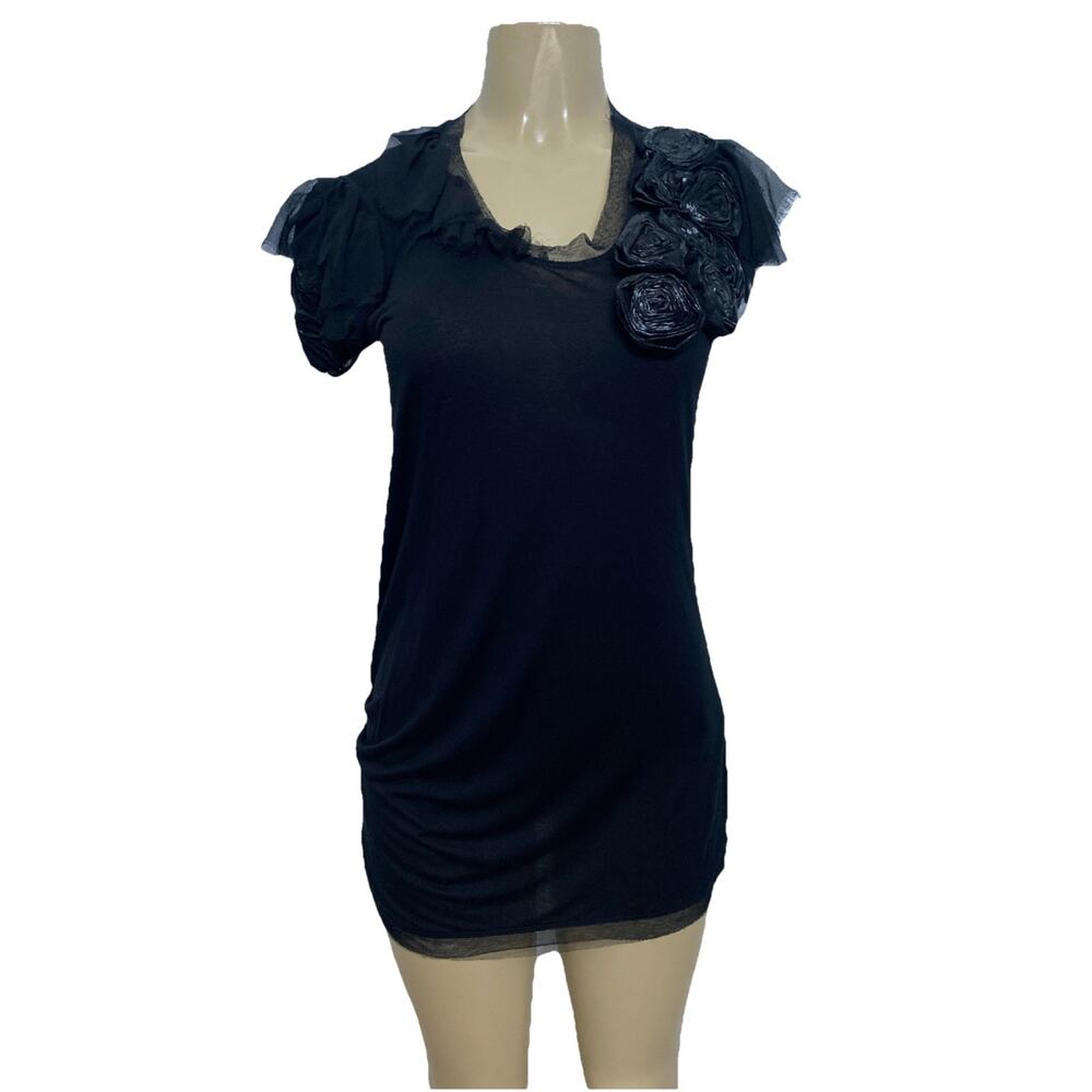 Valentino T-Shirt Couture Black Short Sleeve Top Shirt Flower Applique R…